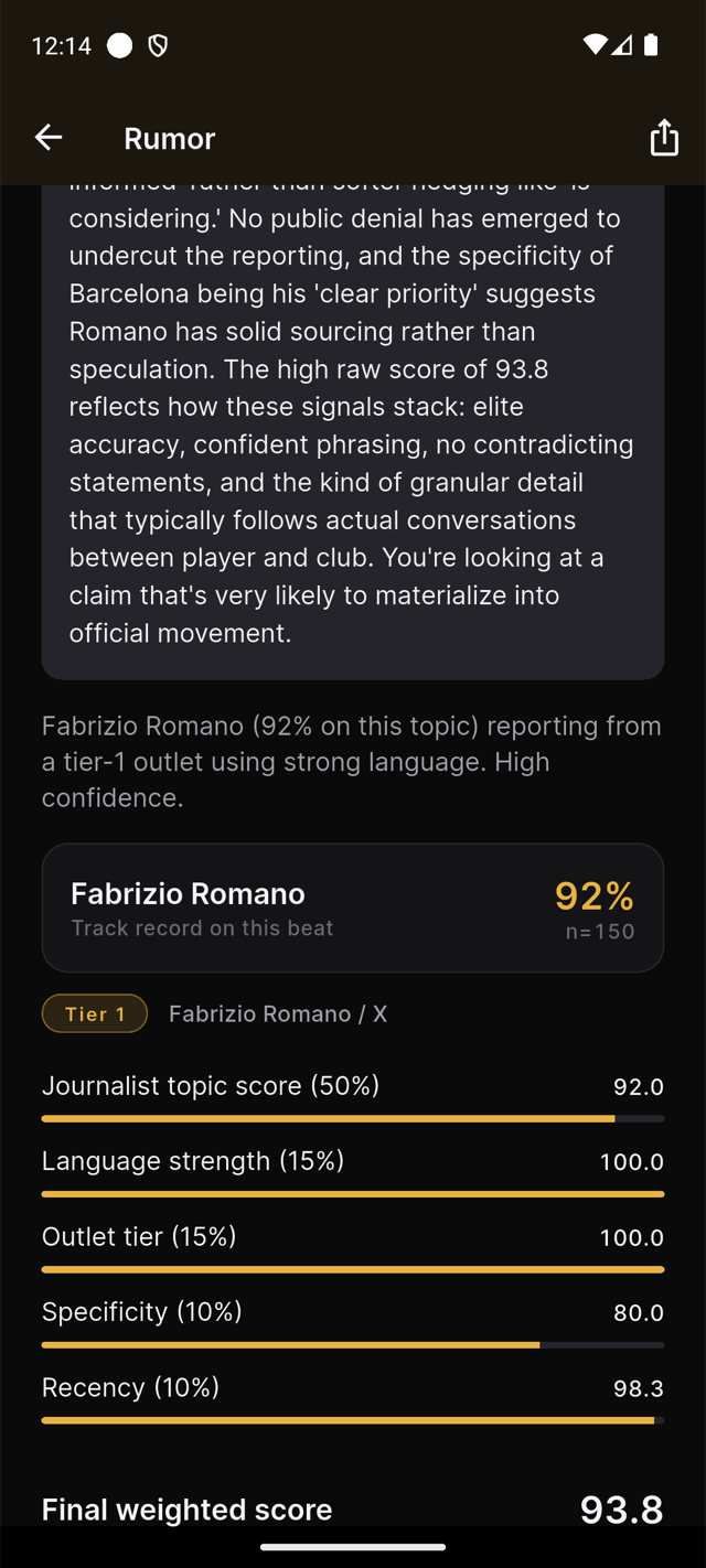 Rumora rumour detail page showing a Gold 100 medal for a Fabrizio Romano report on Barcelona bidding 100 million euros for Julian Alvarez. Romano's 92 percent accuracy is highlighted with a Why this medal expandable breakdown.